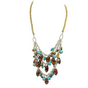 Loft Blue Brown Acrylic Beaded Multi-Strand Layered Statement Necklace Boho